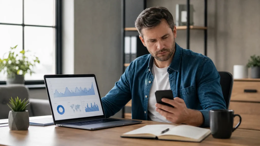 Small business owner reviewing website traffic and online marketing results