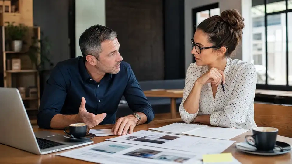 Business owner and digital marketing consultant discussing website strategy